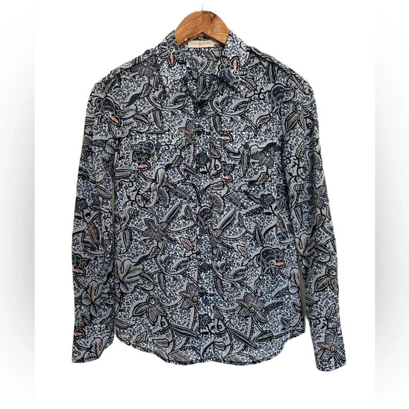 Tory‎ Burch Women’s Blue Printed Cotton Collared Long Sleeve Button Down Top - Picture 1 of 13